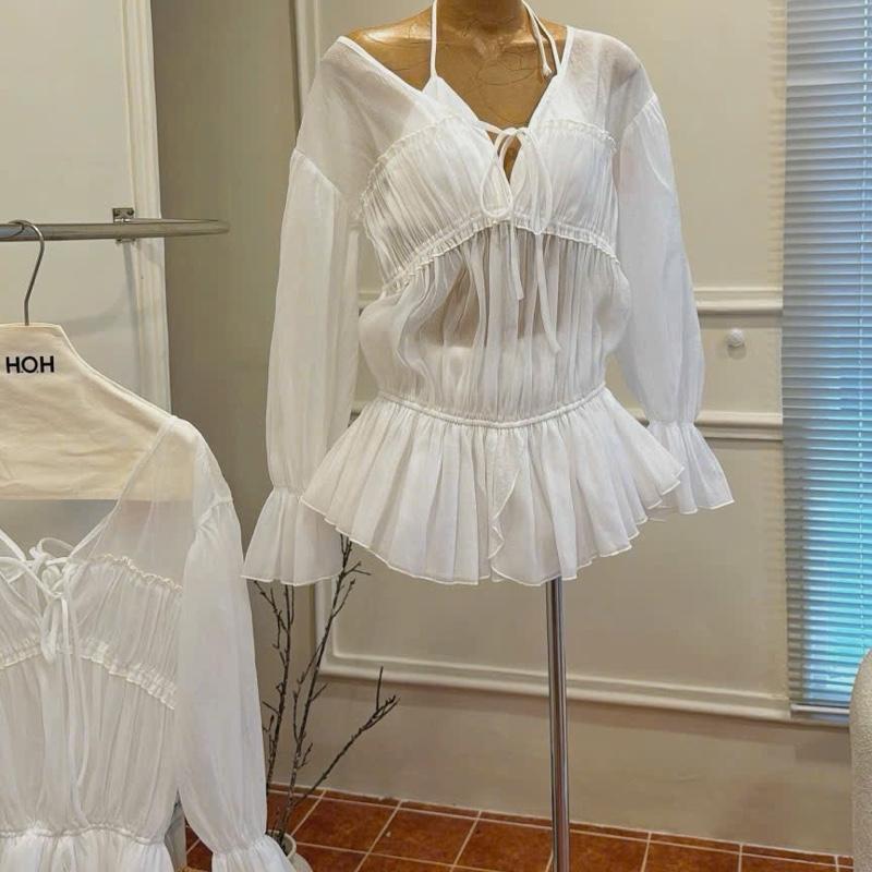 SET ÁO VOAN TƠ TRẮNG BO RÚT NHÚNG TD + BRA  2S + SHORT SIZE SM 5