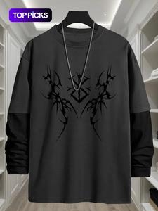 Camiseta holgada de manga larga con estampado gótico y cuello redondo, estilo urbano casual, cómoda y moderna, ideal para regalo de temporada otoñal