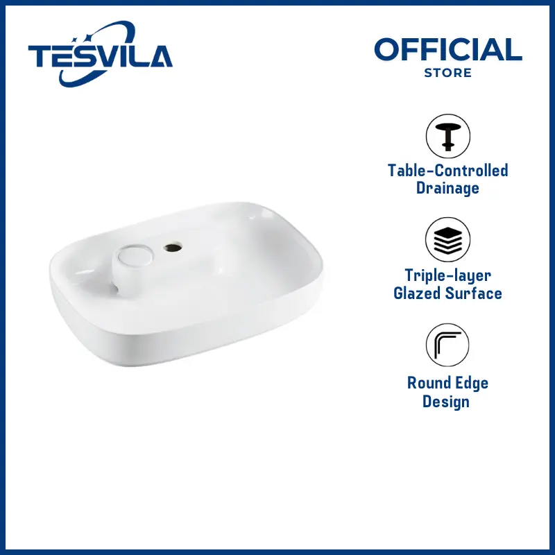Tesvila T-B003 Round Edge Bathroom Sink with Concealed Pop Up Drain, No Hands in Dirty Water