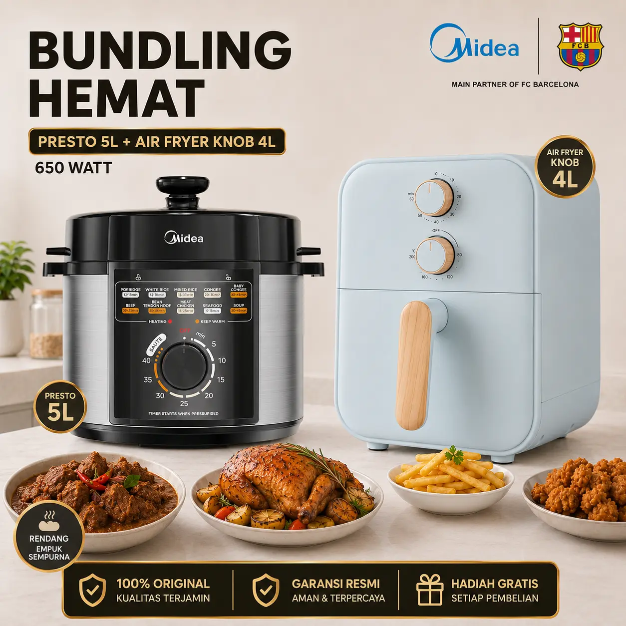 [Bundling Hemat] Midea Air Fryer Manual 4L + Pressure Cooker 5L | Air Fryer Low Watt 650W + Panci Presto Listrik 11 in 1 | Original Garansi Resmi