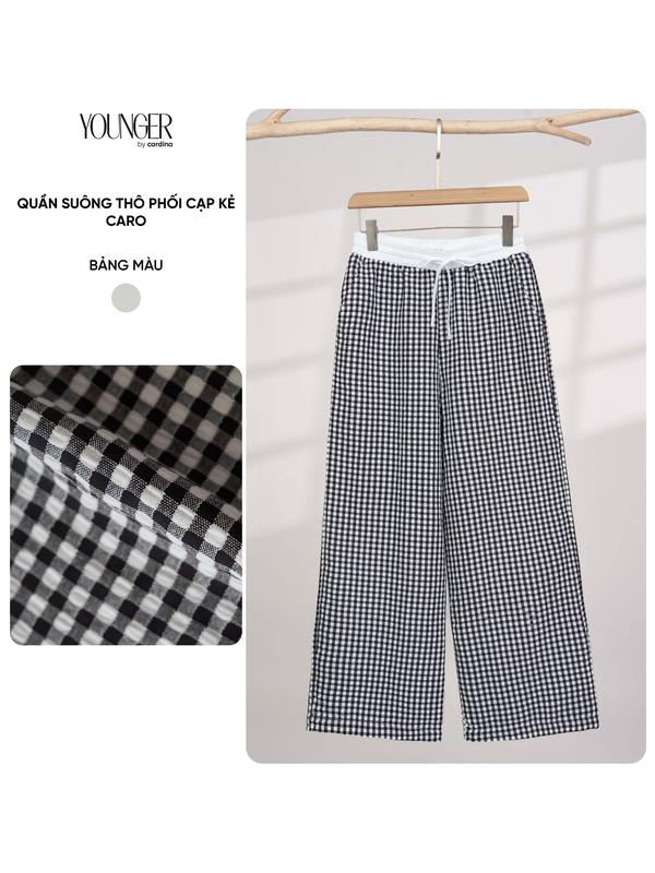 Quần dài nữ YOUNGER BY CARDINA dáng suông vải thô kẻ caro cạp chun co giãn 5YQDT15