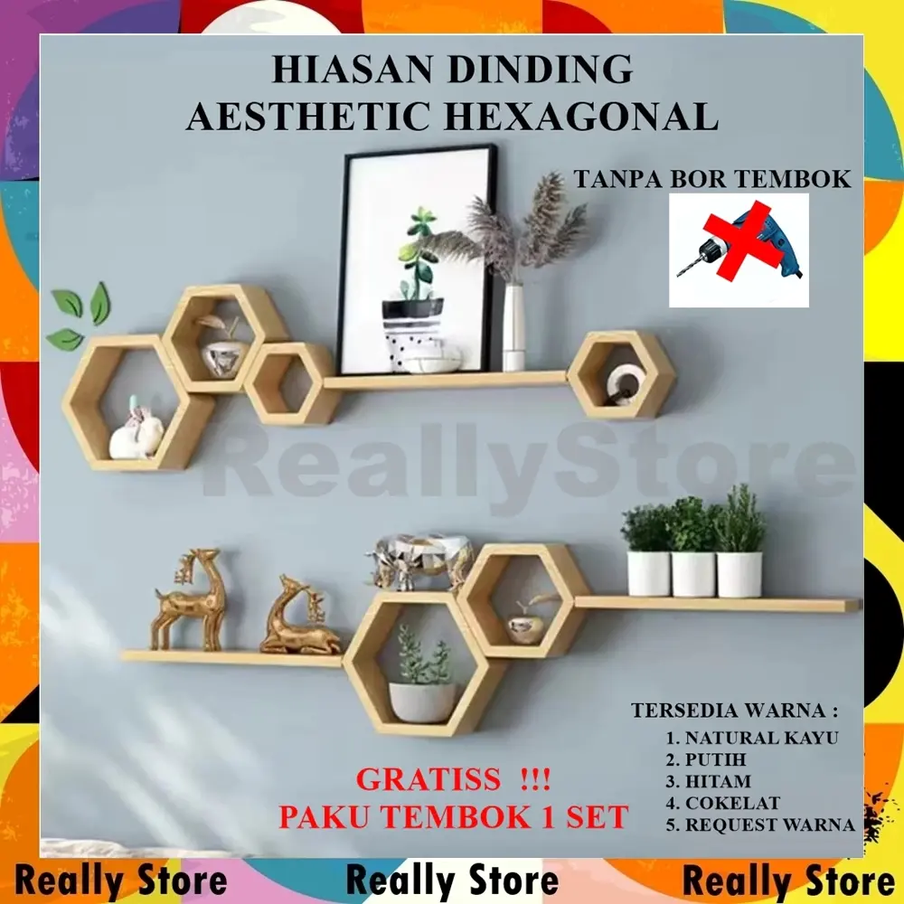 Rak Dinding Hexagonal Hiasan Dinding Aesthetic Rak Hexagonal Kayu Jati Belanda Pajangan Hiasan Dinding Gantung Minimalis Kayu Dekorasi Dinding Hiasan Dinding Kamar Ruang Tamu Dapur Segi 6 Tempel Minimalis Rak Buku Bunga Ambalan Hambalan Kuning Merah Putih