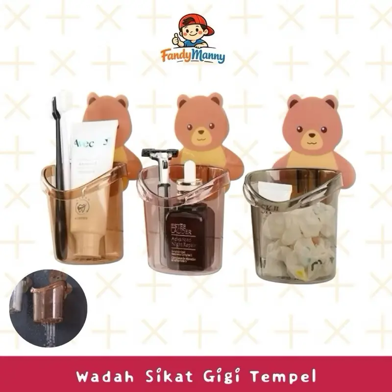 ￼Tempat Sikat Gigi Tempel Dinding Motif Beruang | Holder Sikat Gigi Anti Air & Anti Lembap | Rak Kamar Mandi Estetik Tanpa Bor