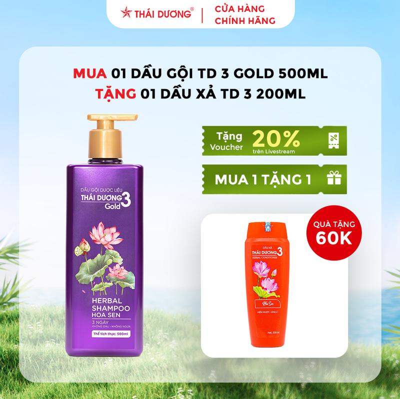 [HCM - Live-S]  Dầu Gội Dược Liệu Thái Dương 3 (Chai 500ml, Hoa sen) tặng Dầu xả thái dương 3 hoa sen 200ml