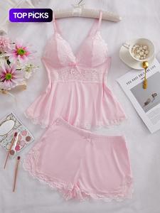 Conjunto de pijama de dos piezas para mujer en color sólido con encaje, top camisola y shorts, conjunto casual y cómodo de camisola y shorts, ropa de dormir para todas las estaciones, lencería