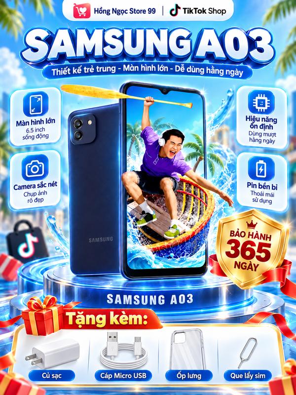 Điện Thoại Samsung Galaxy A03 3GB/32GB | Camera 48MP Sắc Nét | Pin Trâu 5000mAh | Màn Hình Lớn 6.5 Inch | BH 365 Ngày | Tặng Sạc + Cáp Micro + Ốp Lưng + Que SIM