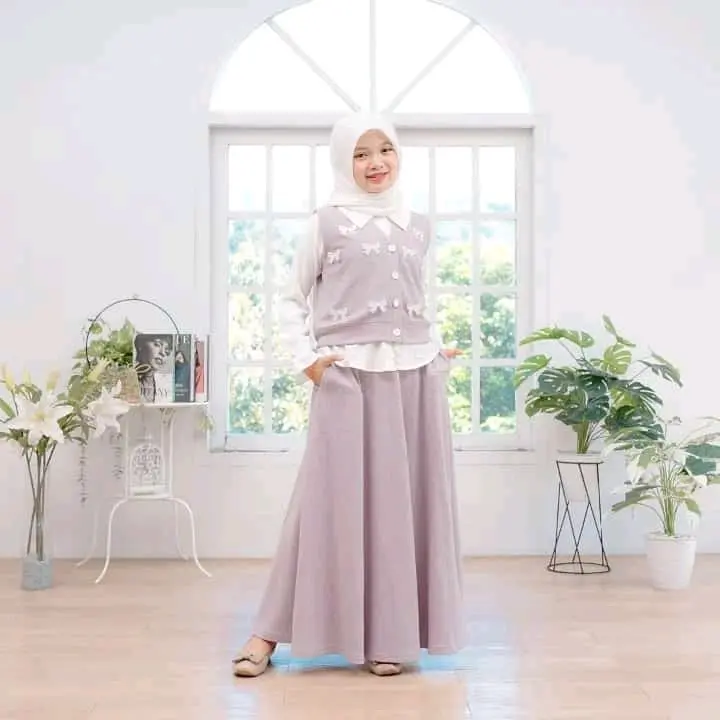 SETELAN ANAK PEREMPUAN UMUR 8-12 TAHUN ATASAN ROMPI DAN ROK KNITT Katun Linen
