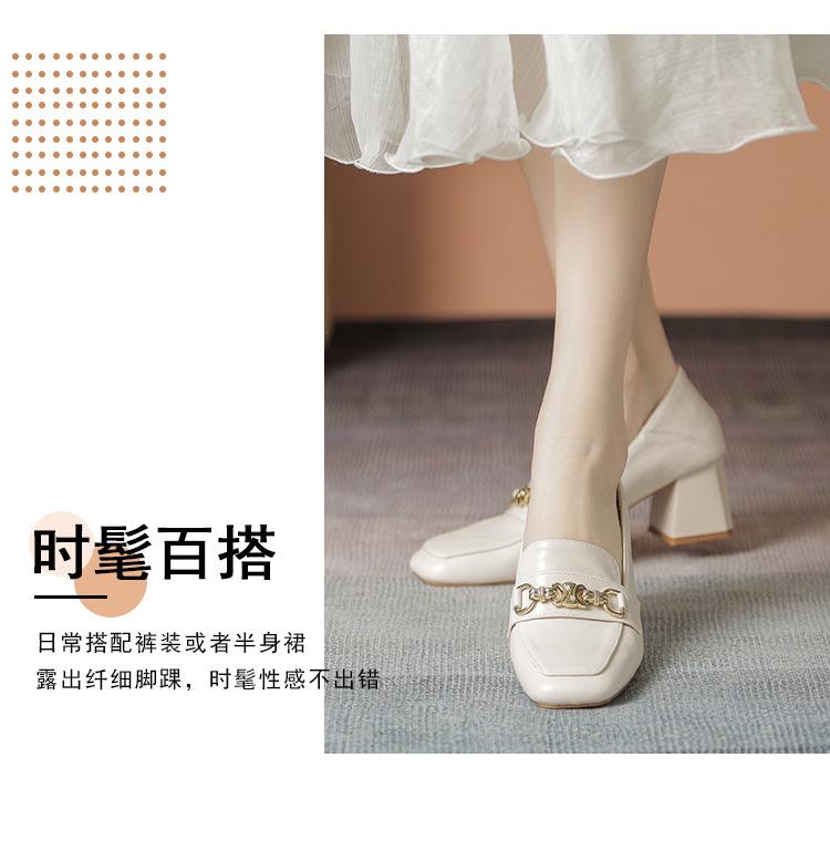 Product Introduction of Lefu shoes, white leather shoes, fashionable design, new high heels, square toe, thick heel shoes 3