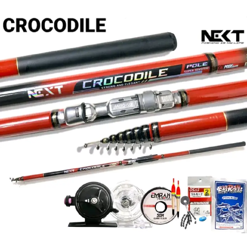 Set lengkap joran Pancing tegek NEXT CROCODILE bahan fiber kuat sudah dapat Reel dengan accesorisnya 0
