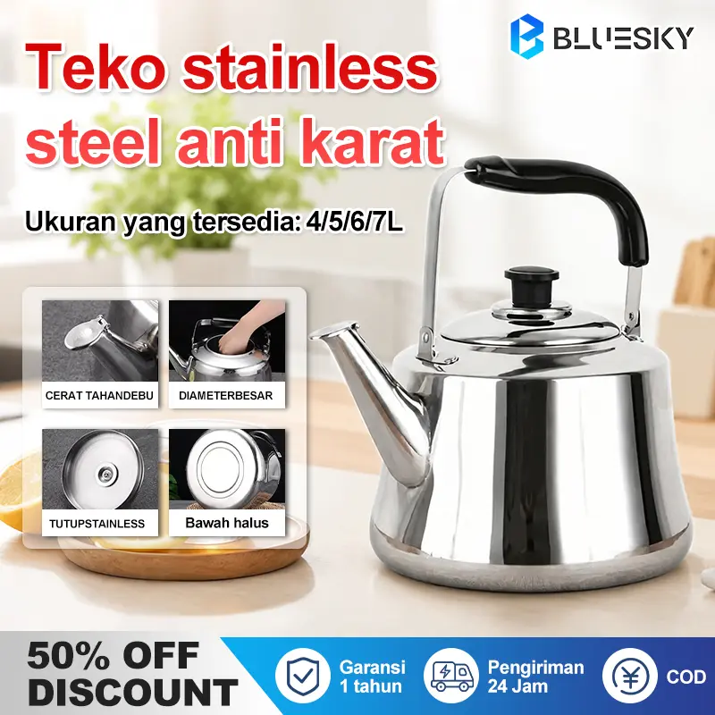 Teko Siul Stainless SUS 304 - Whistling Kettle 4L/5L/6L/7L, Tahan Lama & Cepat Panas, Ceret Teh/Kopi dengan Gagang Anti Panas, Teko Air untuk Kompor