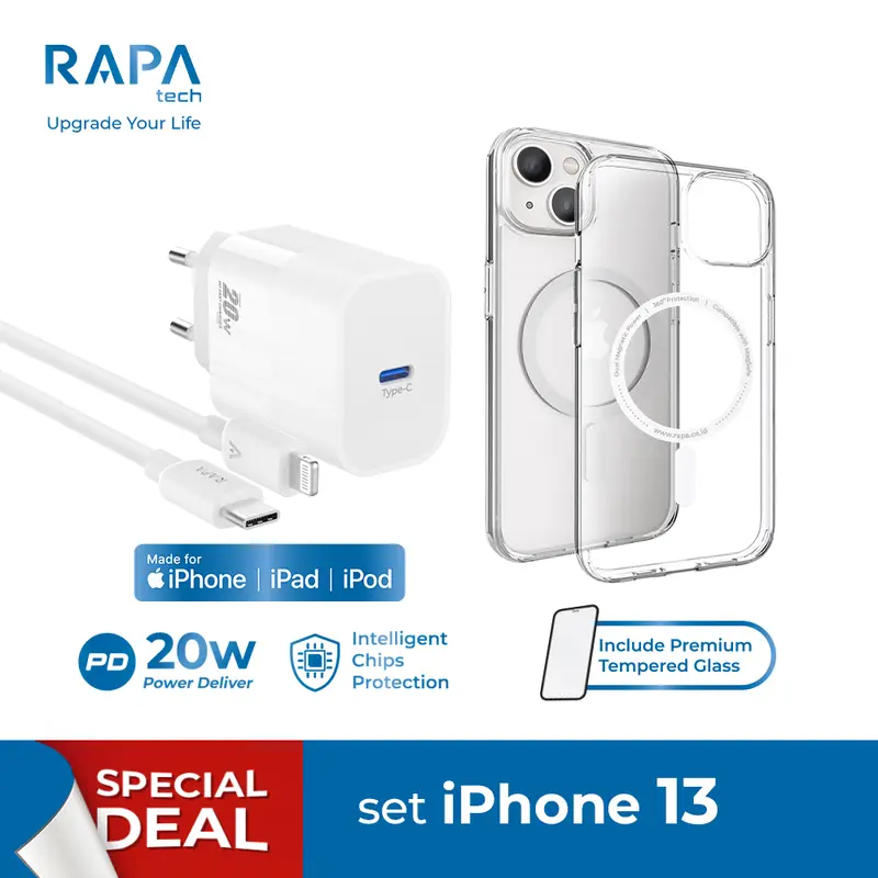Paket Wajib Accessories Iphone K x RAPAtech Power II Charger iPhone 13 14 15 16 16pro 16 pro maxSeries Mfi Cable  + Hybrid Magsafe Case iPhone 13 14 15 With Premium Tempered Glass 2