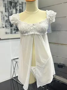 Gaun Tidur Renda Tile Premium Ringan Babydoll Putih Lengan Karet Puff Manis White 72212