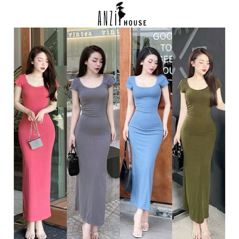 [ANZi House] Đầm Body Tay Cánh Tiên Dáng Dài Tôn Dáng, Cổ U, có xẻ tà và khoá kéo sau, vải thun gân Quảng Châu co giãn mát mẽ Nữ Dress Women - Đỏ