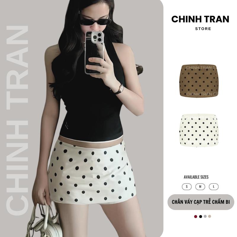  Chân Váy Cạp Trễ Chấm Bi Dáng Ngắn Phong Cách Trendy Nữ Tính 