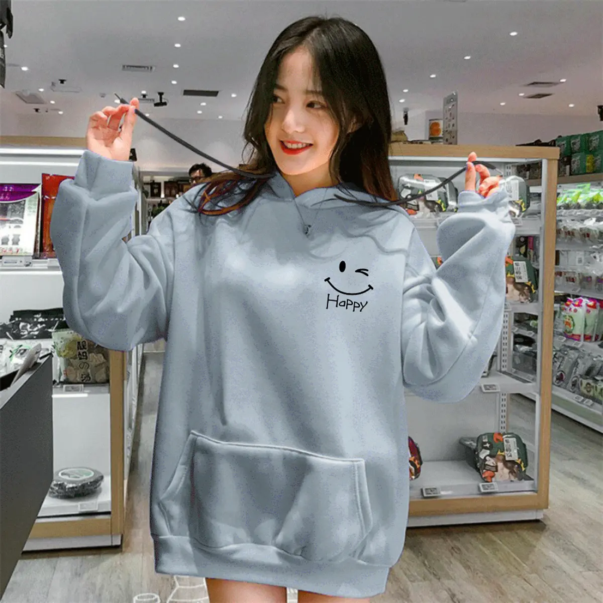 LURIANCLOTH - Sweater Hoodie Wanita Happy korean Remaja Dewasa Sweater Cewe Flecce Murah Hitam / Putih / Misty / Denim Dusty / Mint