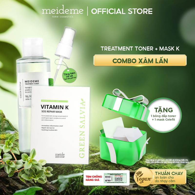 Combo Xâm lấn Mặt Nạ SOS Vitamin K MEIDEME Green Salvia 5 miếng hộp + Toner MEIDEME Green Salvia Treatment Toner 200ml Tặng 1 Vòi Xịt Phun Sương +1 Bông Đắp Toner