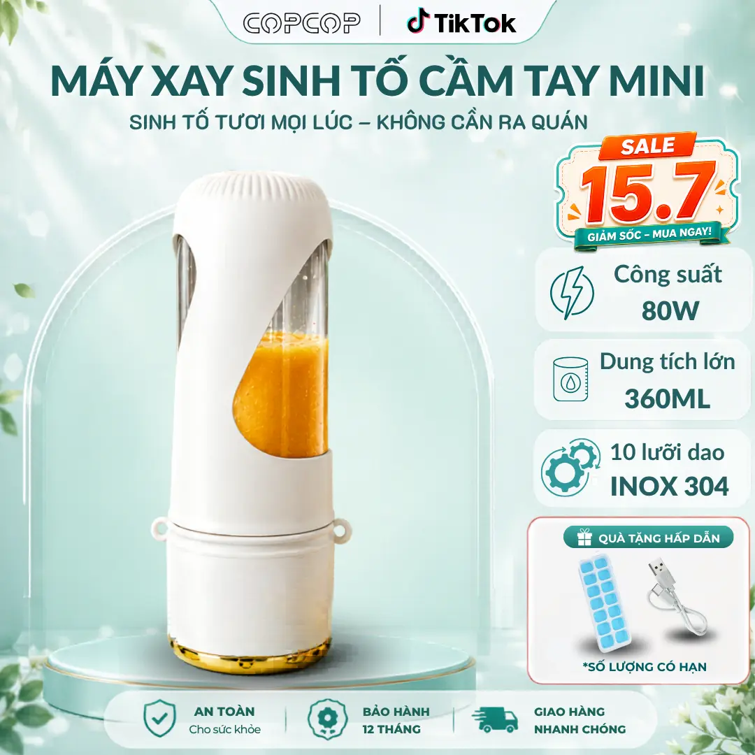 Máy xay sinh tố mini cầm tay COPCOP dung tích 360ml với công suất 80W và 10 lưỡi dao inox 304 chống han rỉ thích hợp xay sinh tố và đá nhuyễn