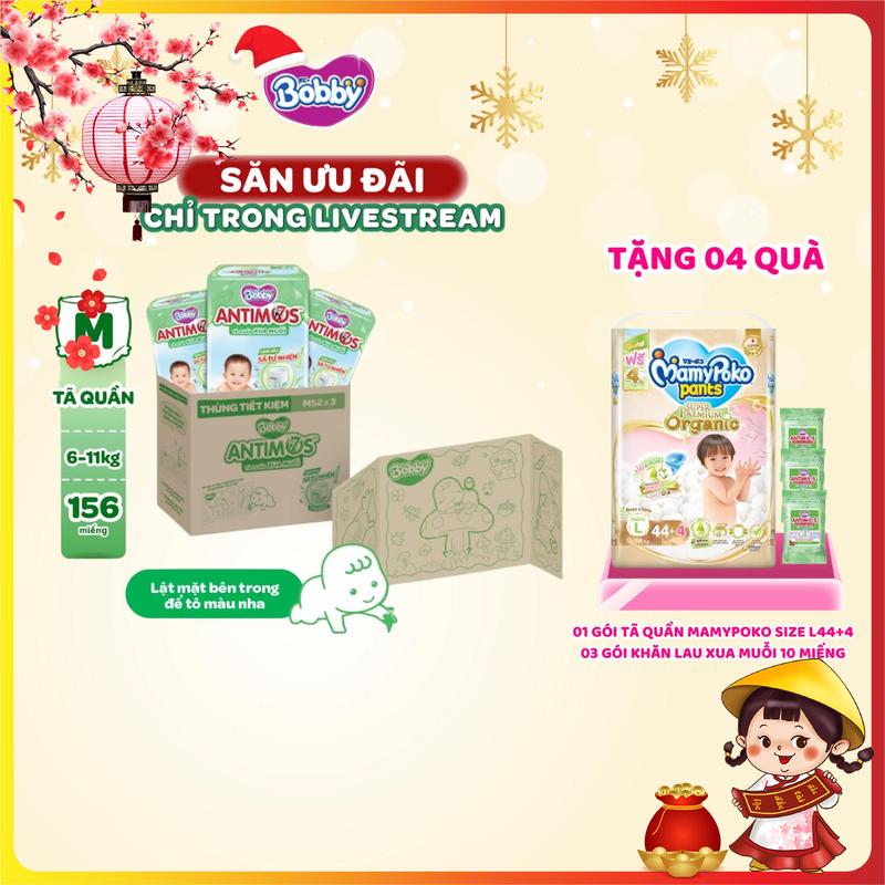 KOL THÙNG TK TÔ MÀU-TẶNG TQ L XL XXL 3 KHĂN LAU 10M Combo 3 gói Tã bỉm Quần Xua Muỗi Bobby Antimos – Hàng rào Sả tự nhiên Bye Muỗi 8H - M52 L50+2 XL48+4 46+6