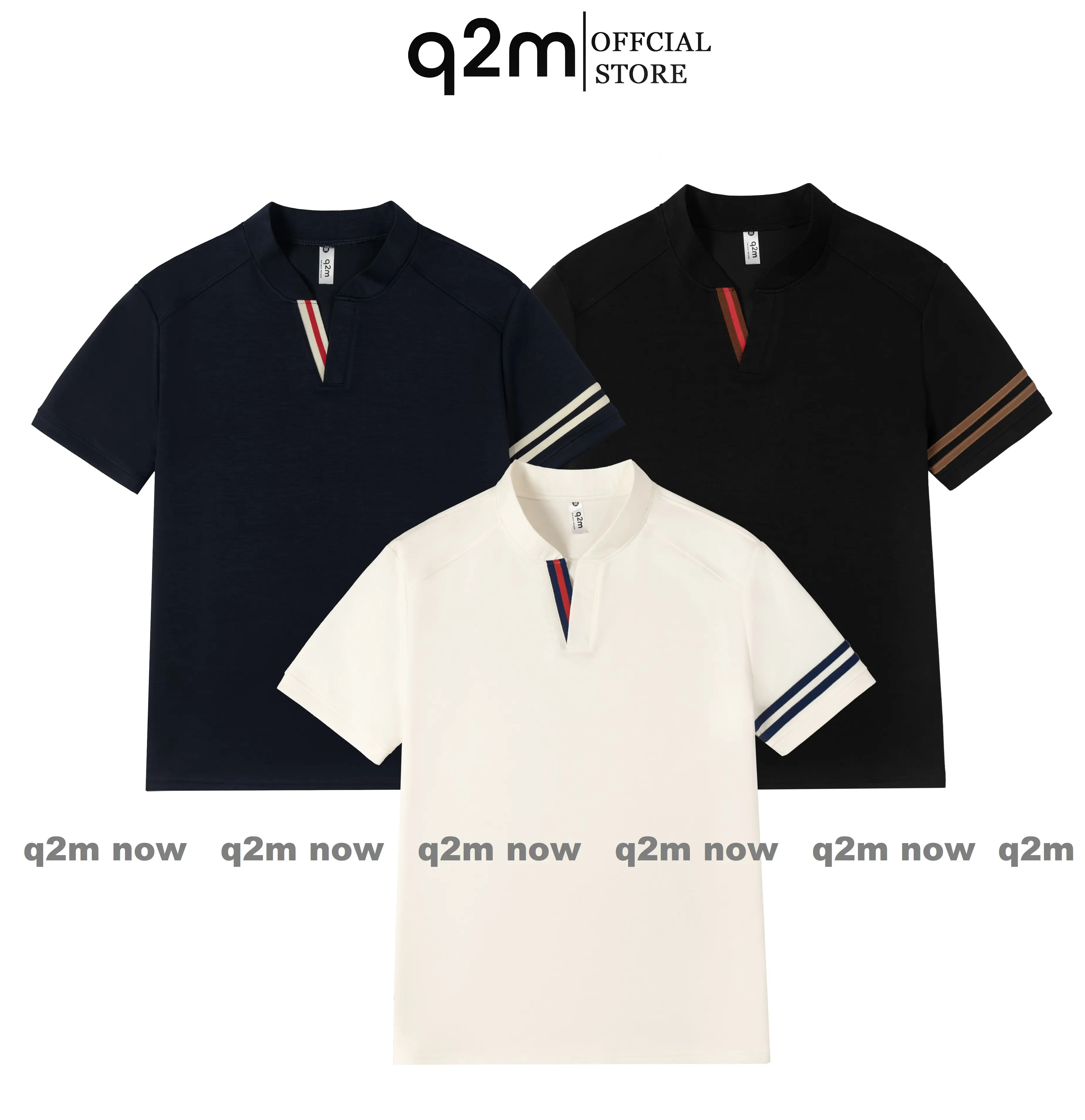 Áo Thun cổ V thương hiệu q2m , Ba màu Be Xanh Đen chất cotton Mịn Dệt cổ form Gọn mã AT.01