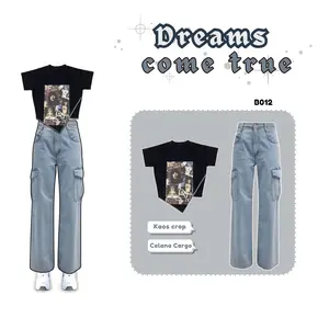 One Set Remaja Kekinian Setelan Kaos Crop Top Dimix Celana Cargo Highwaist Casual B012