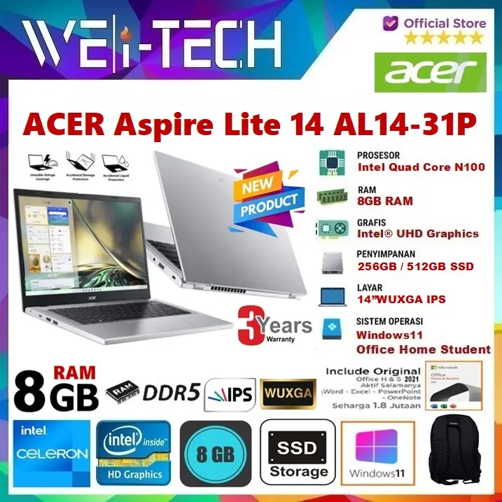 ACER Aspire Lite 14 AL14-31P Intel N100 8GB 256GB/512GB SSD 14"WUXGA IPS W11 OHS