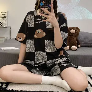 BBI Setelan piyama wanita dewasa motif karakter kartun lucu set baju tidur perempuan remaja bahan katun poliester model kaos lembut serap keringat lengan celana pendek jumbo korean style kekinian terbaru murah cocok untuk harian santai fit to XXL PY002