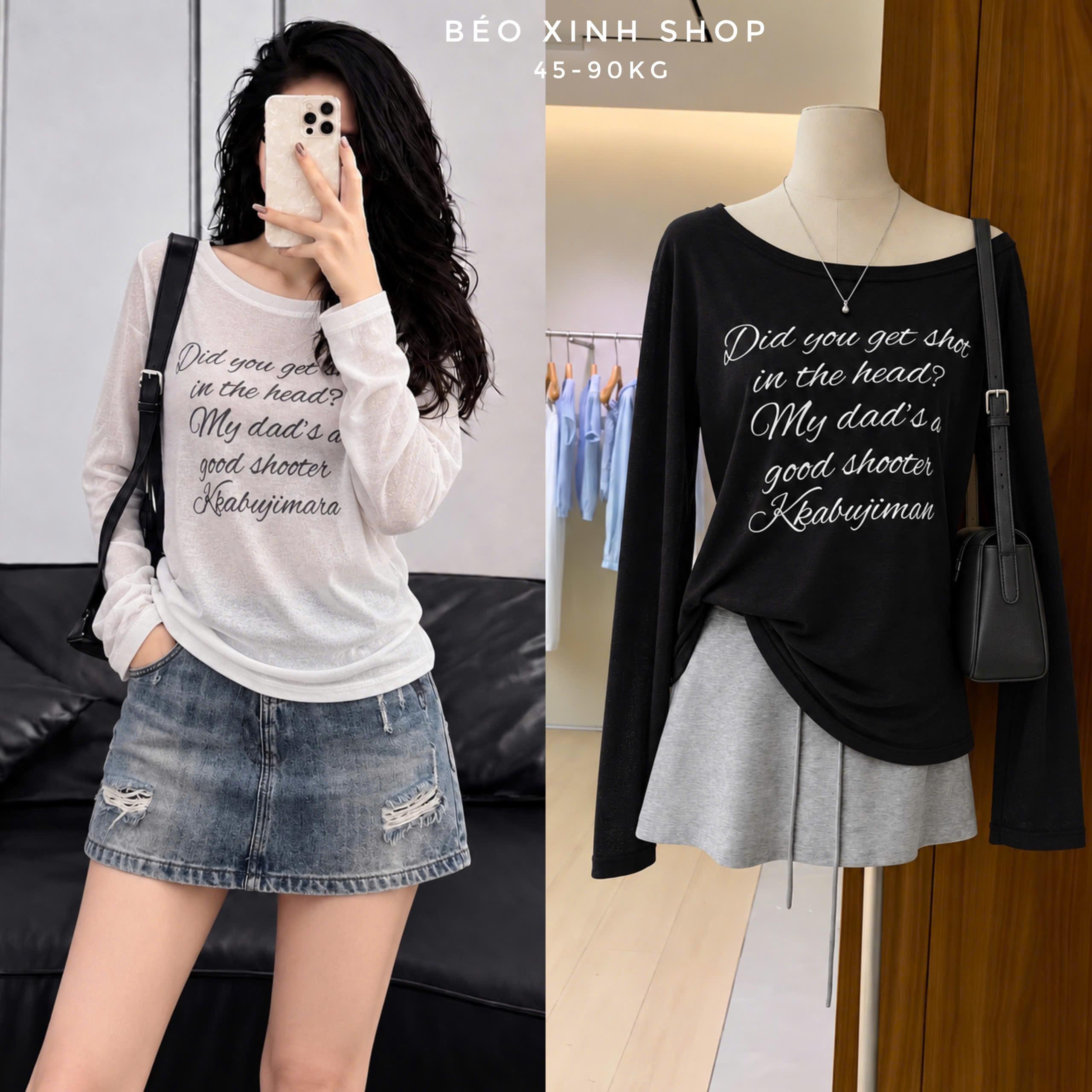 Áo Tay Dài Nữ Bigsize Cổ Lệch Vai In Chữ Thun Giấy Co Giãn 45–90kg Béo Xinh Shop - A.1903