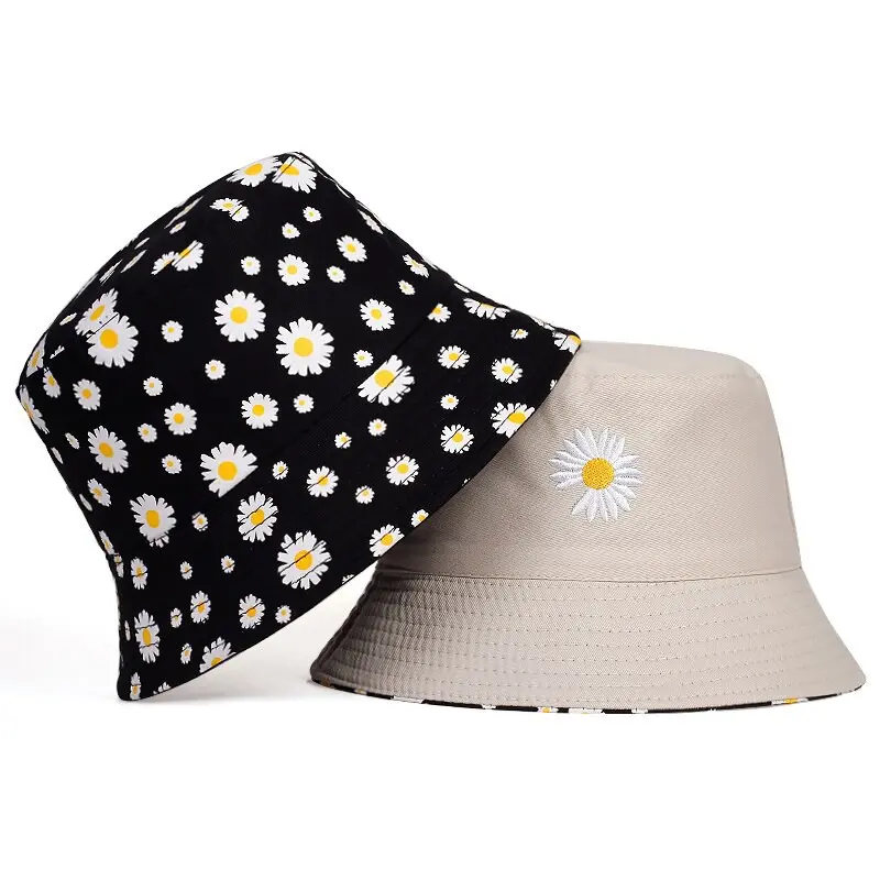 Topi Bucket Dua Sisi Anti Uv Motif Bordir dan Sablon Bunga Daisy Bahan Drilll / Daisy 002 anak dewasa 3