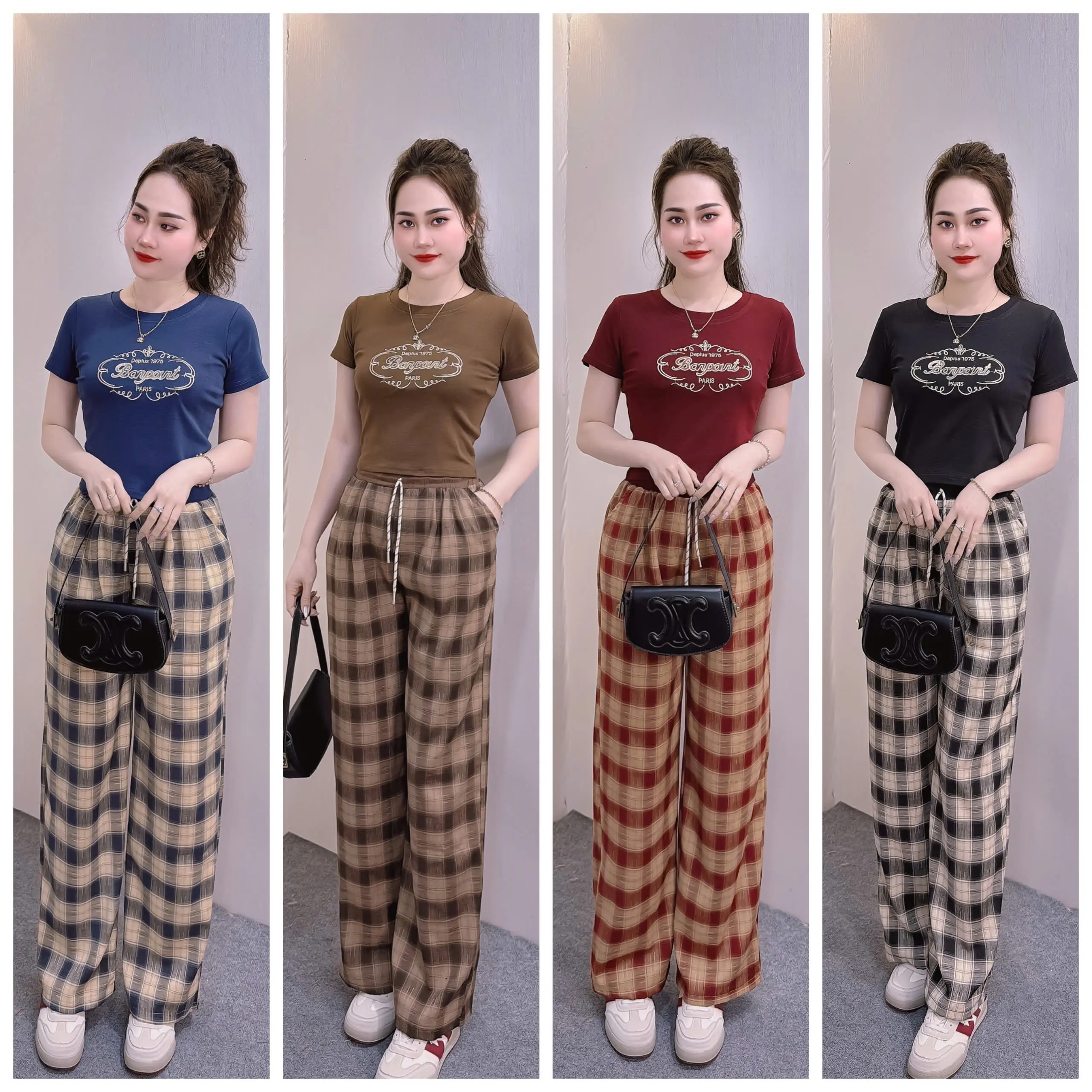 Bộ đồ croptop thun Nhật, quần kẻ xuông cao cấp- azela cao cấp 4
