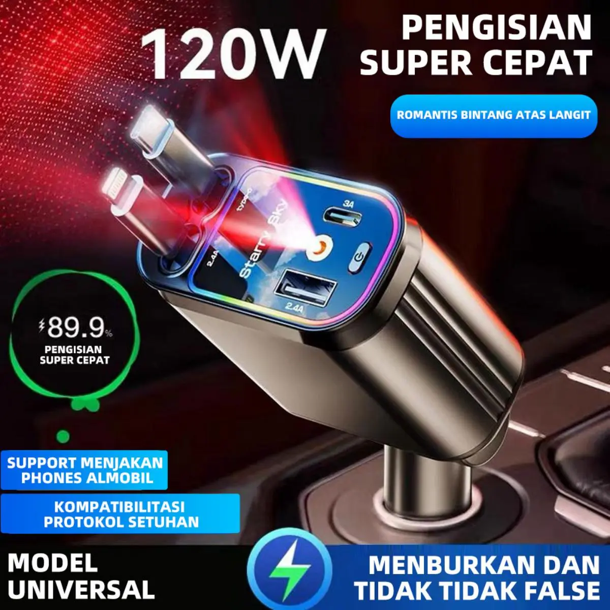 4 In 1 Pengisi Daya Mobil yang Dapat Ditarik 120W Starlight Projector Adaptor Mobil Pengisian Cepat Tipe-C Untuk iPhone Dan Berbagai Model Ponsel 4 in 1 Retractable Fast Car Charger