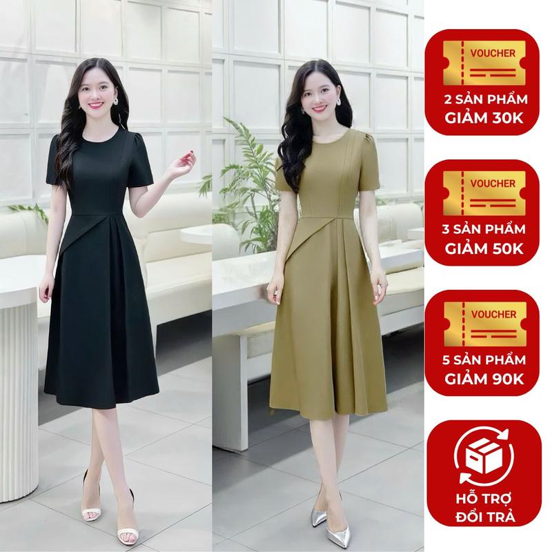 Đầm váy nữ thiết kế Nhật Vy cổ tròn nhún eo cách điệu form dáng xòe chất lụa công sở văn phòng dự tiệc quà tặng vợ mẹ màu - D3524