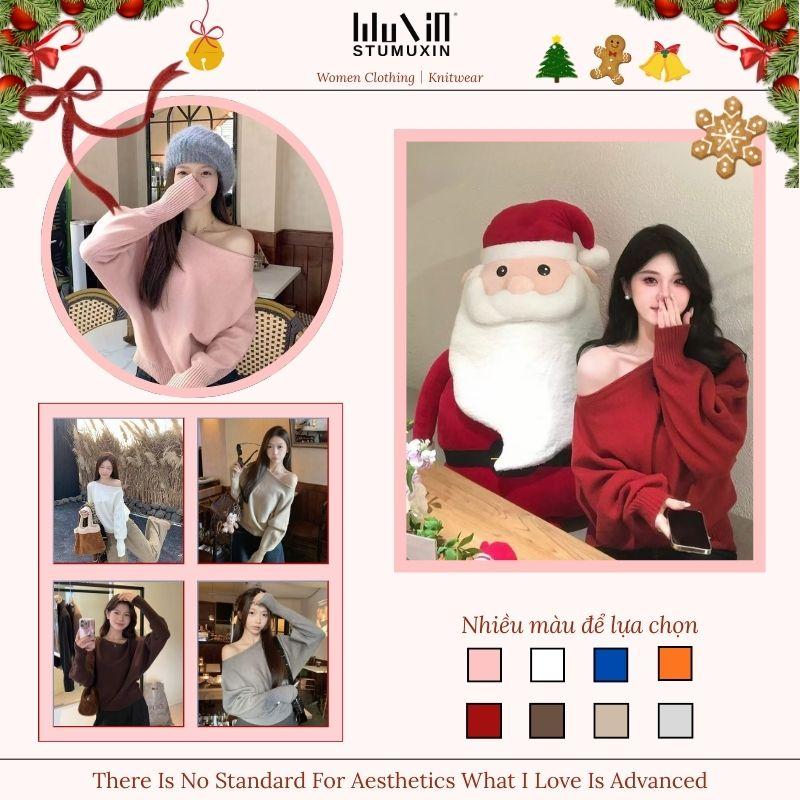 Áo Len Đan Một Vai Giáng Sinh MUXIN - Dáng Ôm Gọn Tôn Xương Quai Xanh Phụ Kiện Thời Trang Mùa Đông Không Thể Thiếu