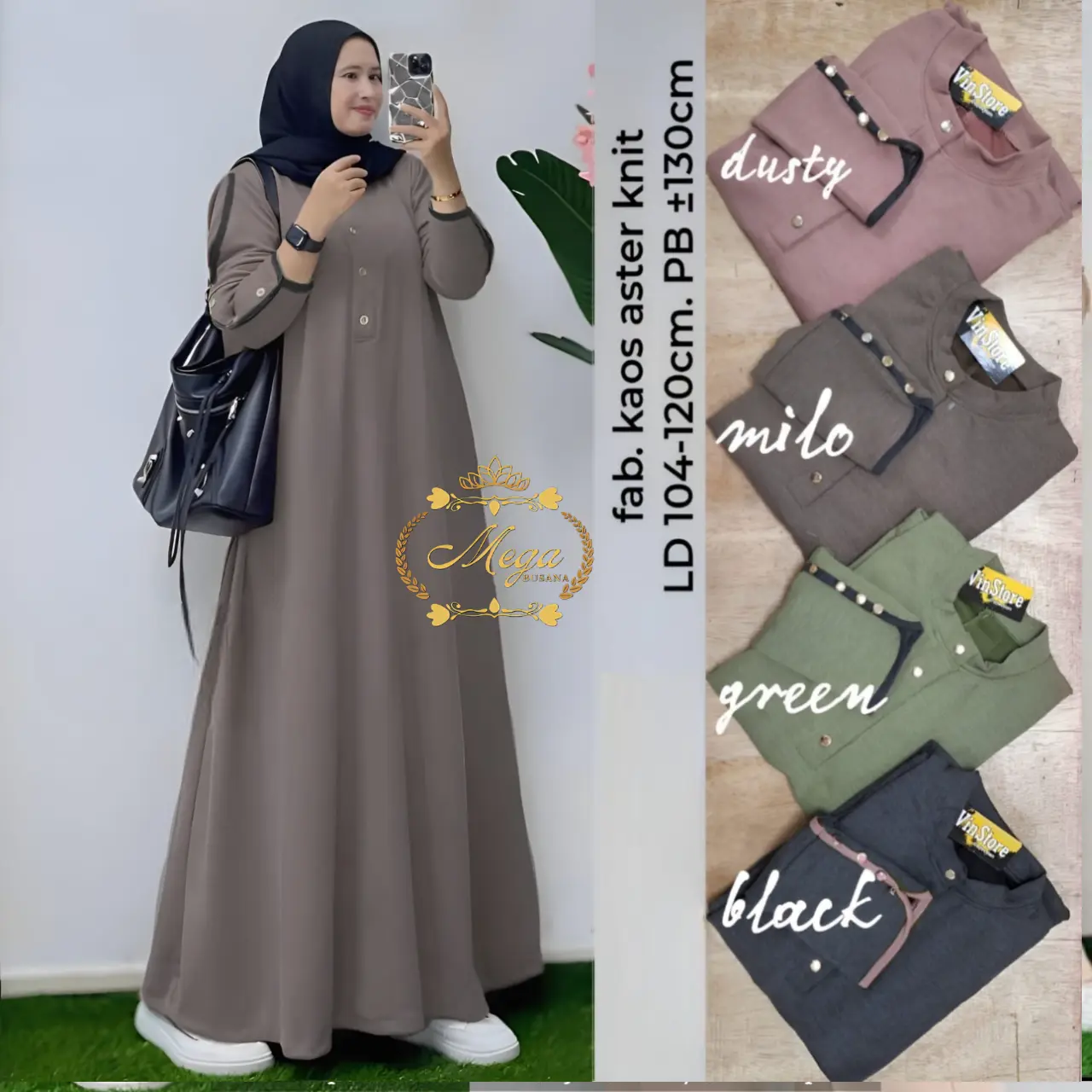 Mega Maxy Dress Kaos Aster Knit Premium Tebal Melar Jatuh Mayung Lengan Panjang Inara Variasi Kancing Gamis Busui Friendly