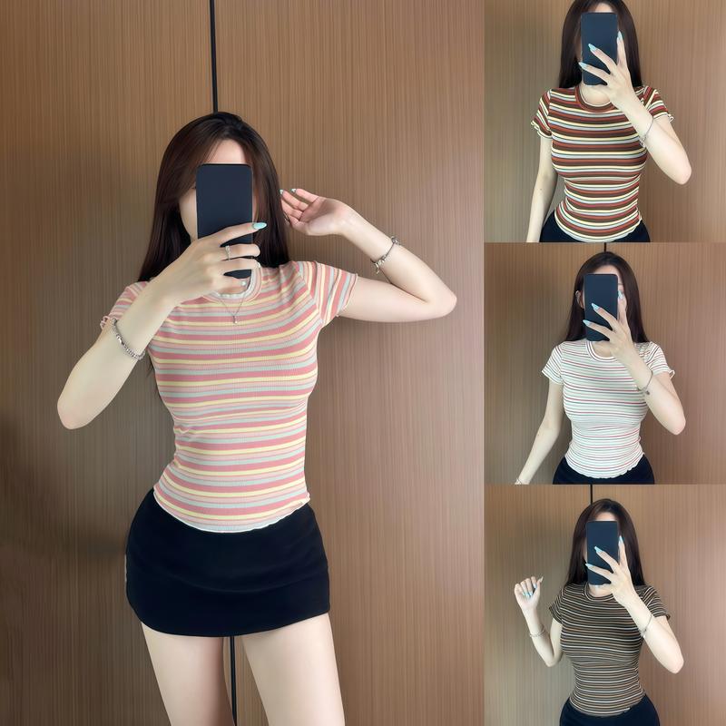 [TAY NGẮN - TAY DÀI] Áo thun len gân cổ tròn viền bèo họa tiết sọc xinh xắn chất mềm mịn DAZZI B01