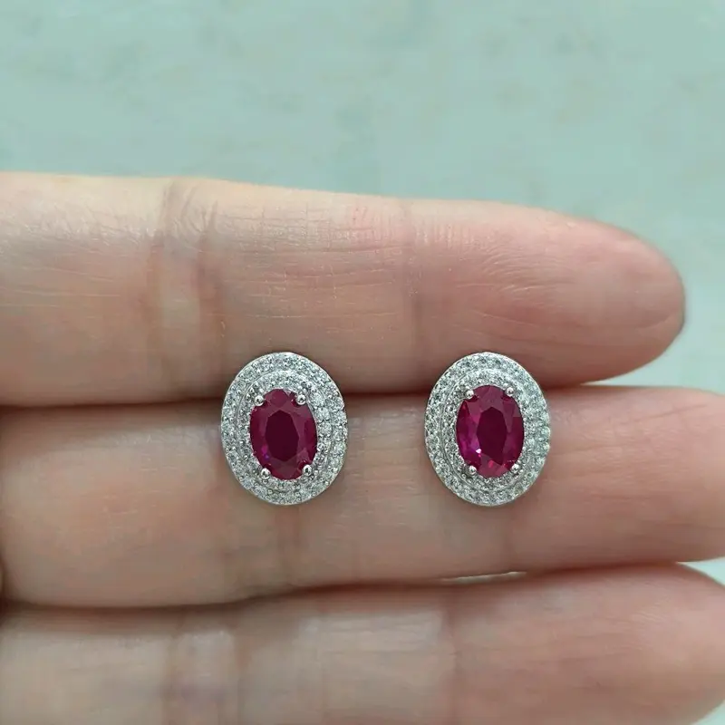 (S925) Anting tusuk RUBY model oval 2baris permata bahan Silver 1