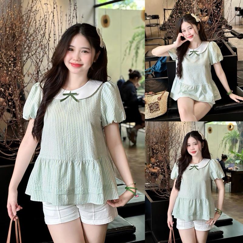 Áo bầu Lumi cổ sen nơ nhung sọc kẻ tay bí dễ thương cho mẹ mang bầu và sau sinh.