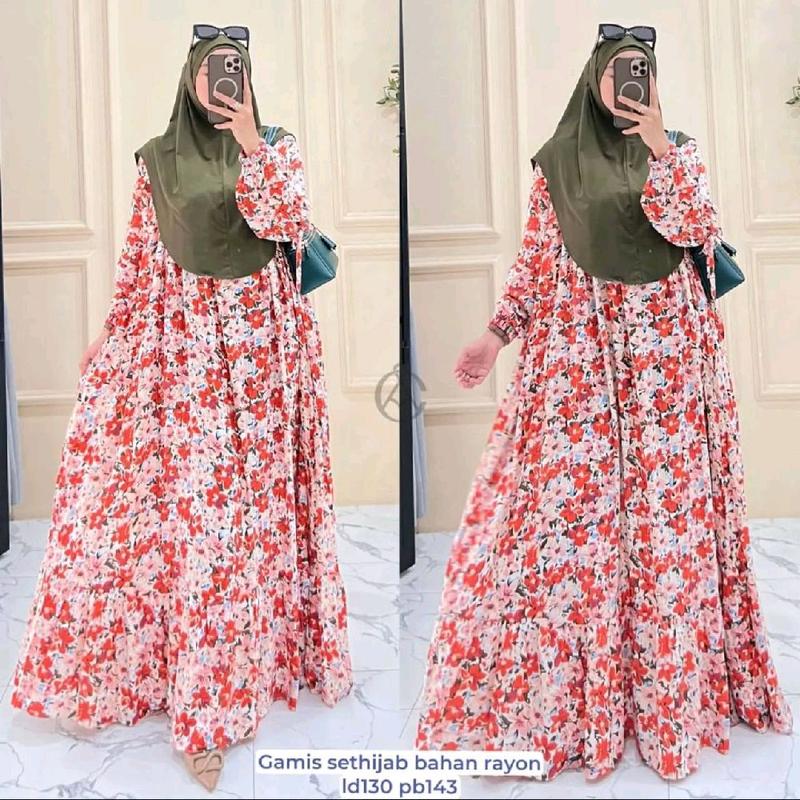 Gamis Rayon Set Hijab jumbo busui Gamis Busui Friendly Rayon Diamond Kekinian Free Hijab  Gamis Motif Long Dress Set Hijab 7