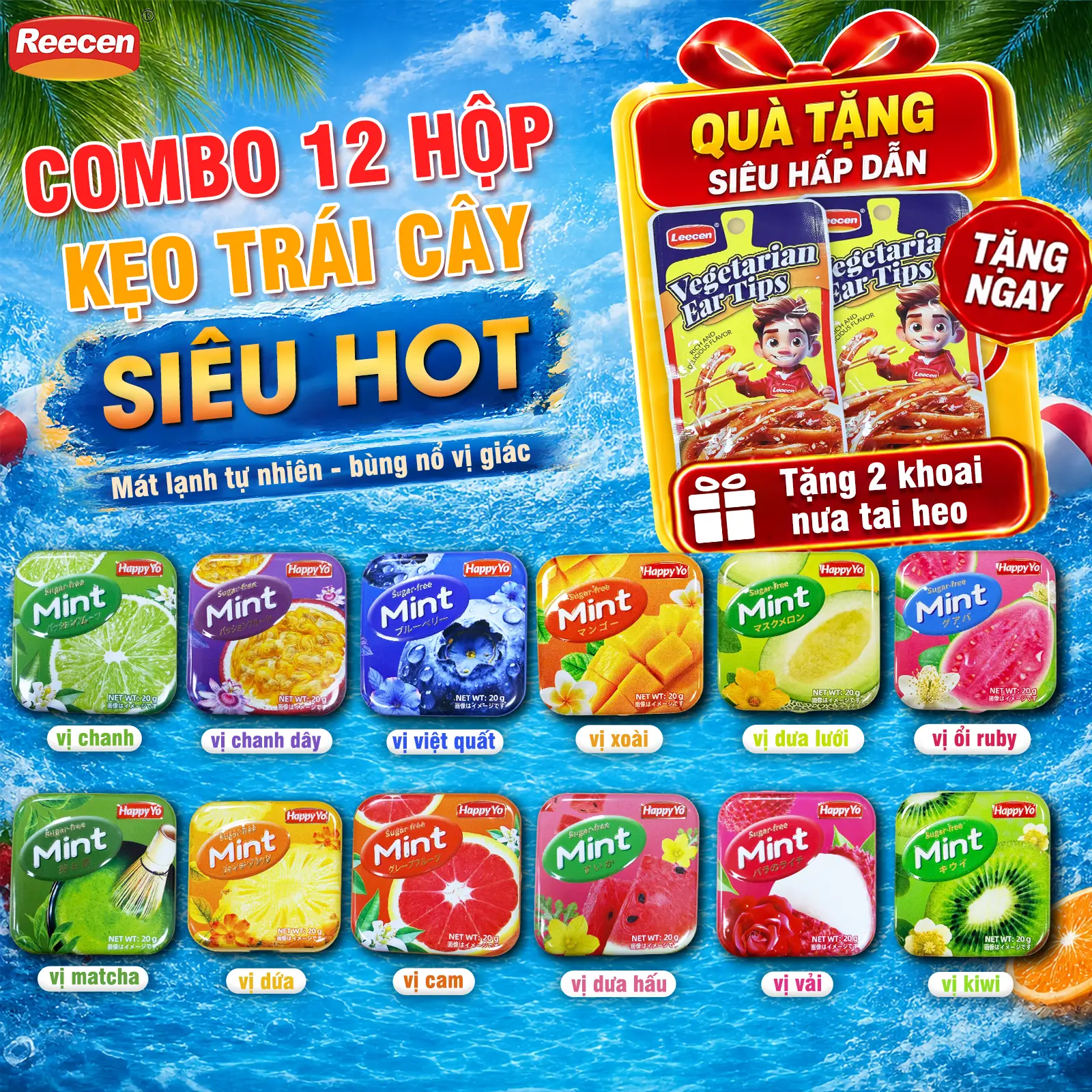 Kẹo trái cây ngậm thơm miệng , kẹo trái cây bạc hà mát lạnh 12 vị trái cây  không đường sugar-free