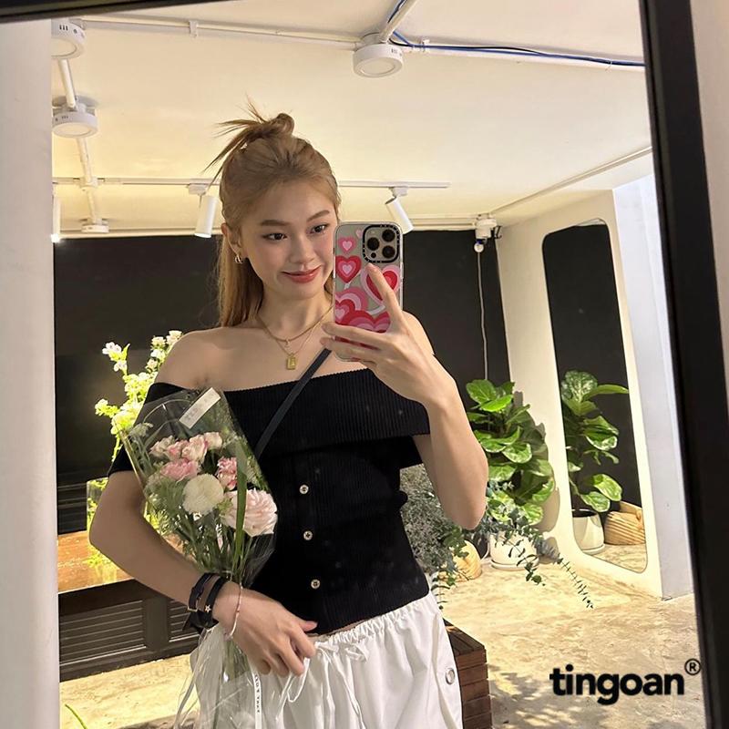 TINGOAN X TIKTOKSHOP - Áo len xù đen trễ vai ngang NINGNING TOP
