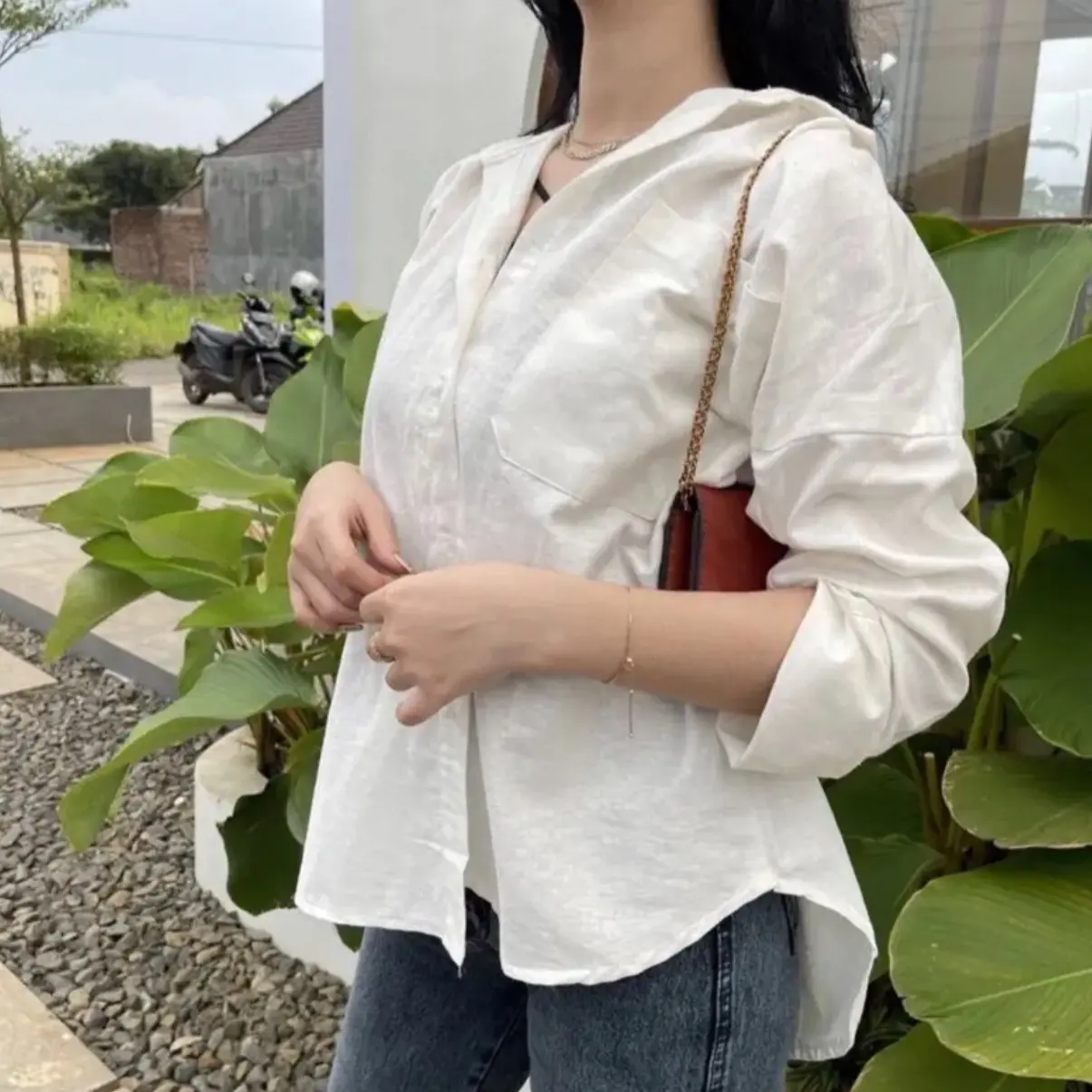 Kemeja Linen Oversize Shirt Wanita Panjang Kerah Katun Kancing Atasan Baju Casual Cewek Dewasa Cewek