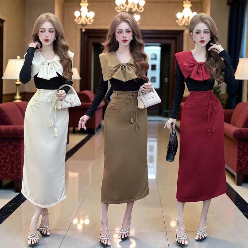 CZT S6678 SET ÁO VÁY gồm áo kiểu tay dài đính nơ tạo kiểu và chân váy dáng suông để chơi Áo kiểu nữ Chân váy Dây cột Set đồ nữ xinh