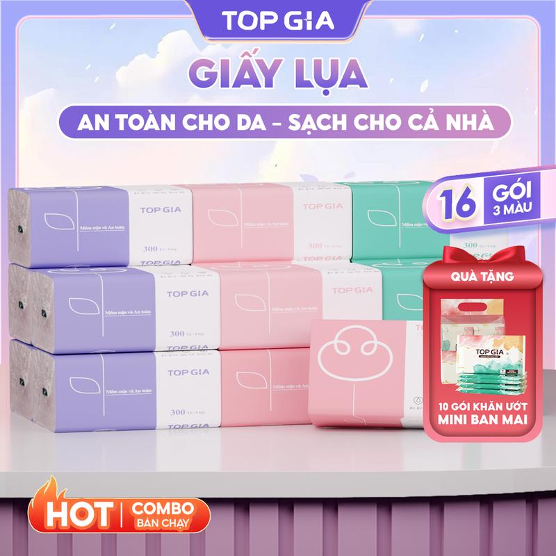 TẶNG KÈM 10 Gói Khăn Ướt Thùng 16 Gói Giấy Ăn Rút Đáy TOP GIA 4 lớp giấy dai dày mềm mại Giấy Vệ Sinh Khăn Giấy Topgia 3 màu mềm mịn an toàn tiết kiệm F0100