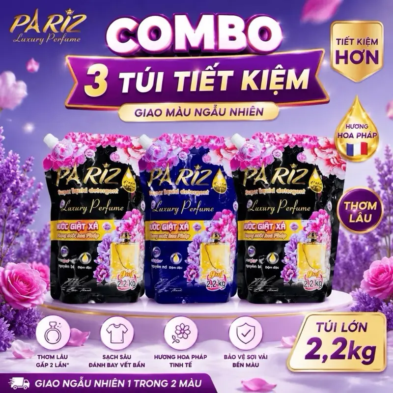 ( Chọn màu GHI CHÚ ) Combo 3 túi Nước giặt Pariz Gold hương hoa Pháp 2kg2 - combo 3 túi tiết kiệm , thơm dai , làm sạch ( giao màu ngẫu nhiên )