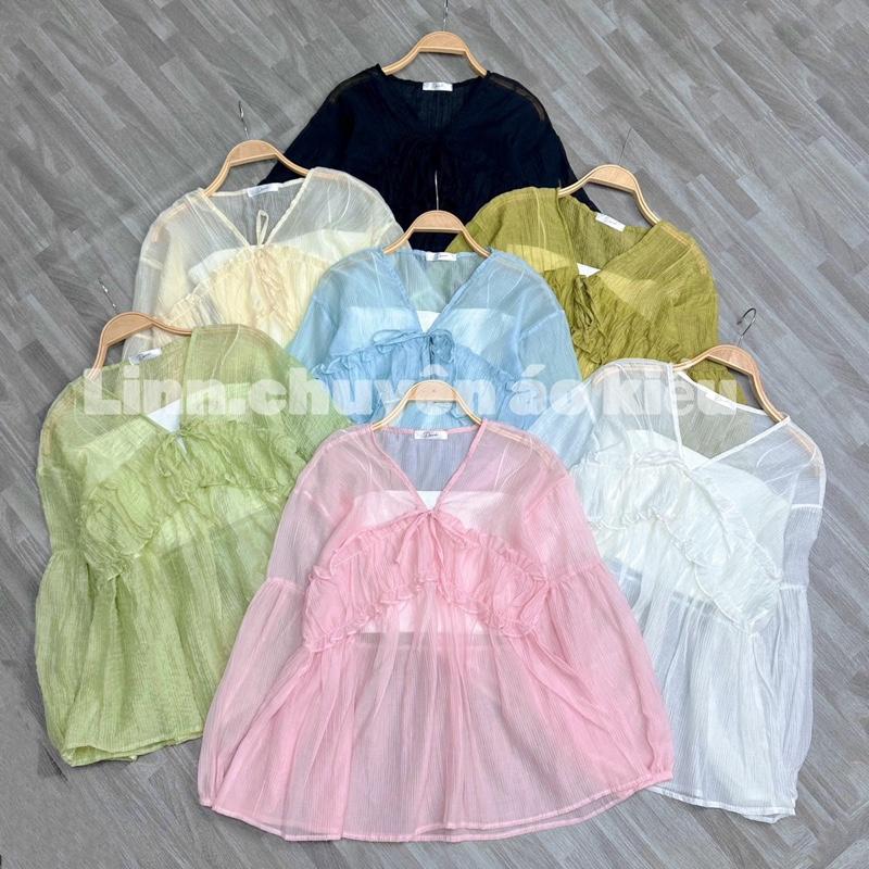 Áo kiểu babydoll tay bồng chất voan tơ nhăn phối bèo nhúm (kèm áo 2 dây)