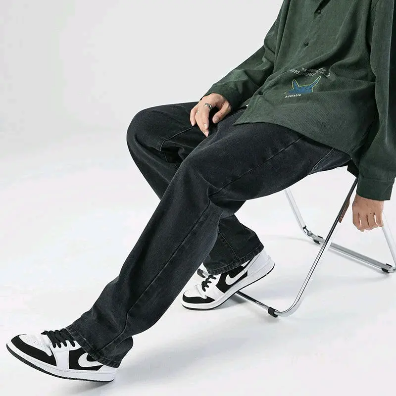 Celana Panjang Pria Jeans Loose Pant Korean Style Gombrang Hitam Muda Tebal Distro 1