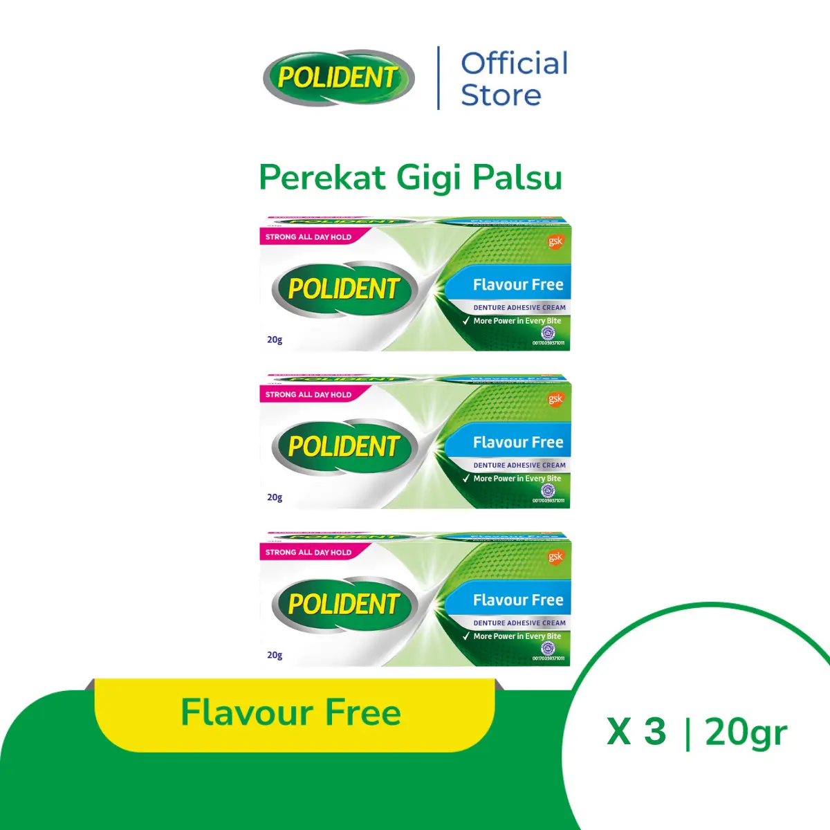 Polident Perekat Gigi Palsu Flavor Free 3x20gr - TRIPLEPACK