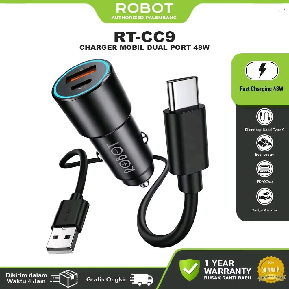 Robot RT-CC9 48W Car Charger Mobil Set Type-C Fast Charging Dual Port USB-A+C LED Indicator Original