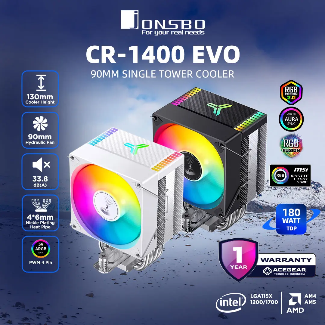 JONSBO CR-1400 EVO ARGB (Intel/AMD Single Tower 90mm 4Heatpipe Air Cooler)