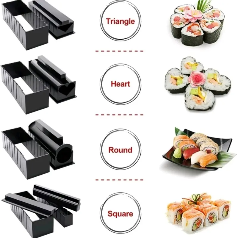 SUSHI MAKER PROFESIONAL 10SET/ CETAKAN SUSHI LENGKAP Alat Bulat, love,kotak hitam plasik premium 1