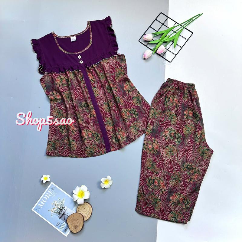 Bộ lanh mặc nhà, đồ bộ tole lanh trung niên SHOP5SAO quần lửng, áo phối màu [CÓ BIGSIZE] (55-80kg) Nữ Women